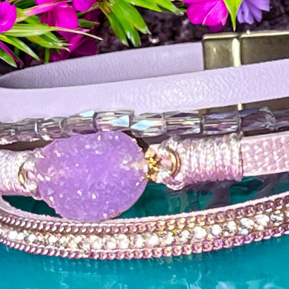 Boho Leather Wrap Bracelet with Crystal Beads & Stone Charm Adjustable